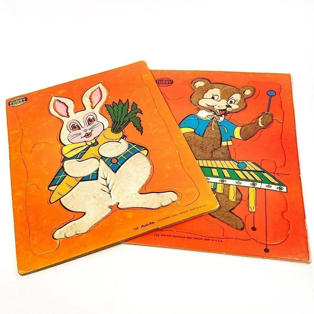 2 Built Rite Fuzzy, Furry Puzzles - Bunny/Bear, 1950’s Vintage
